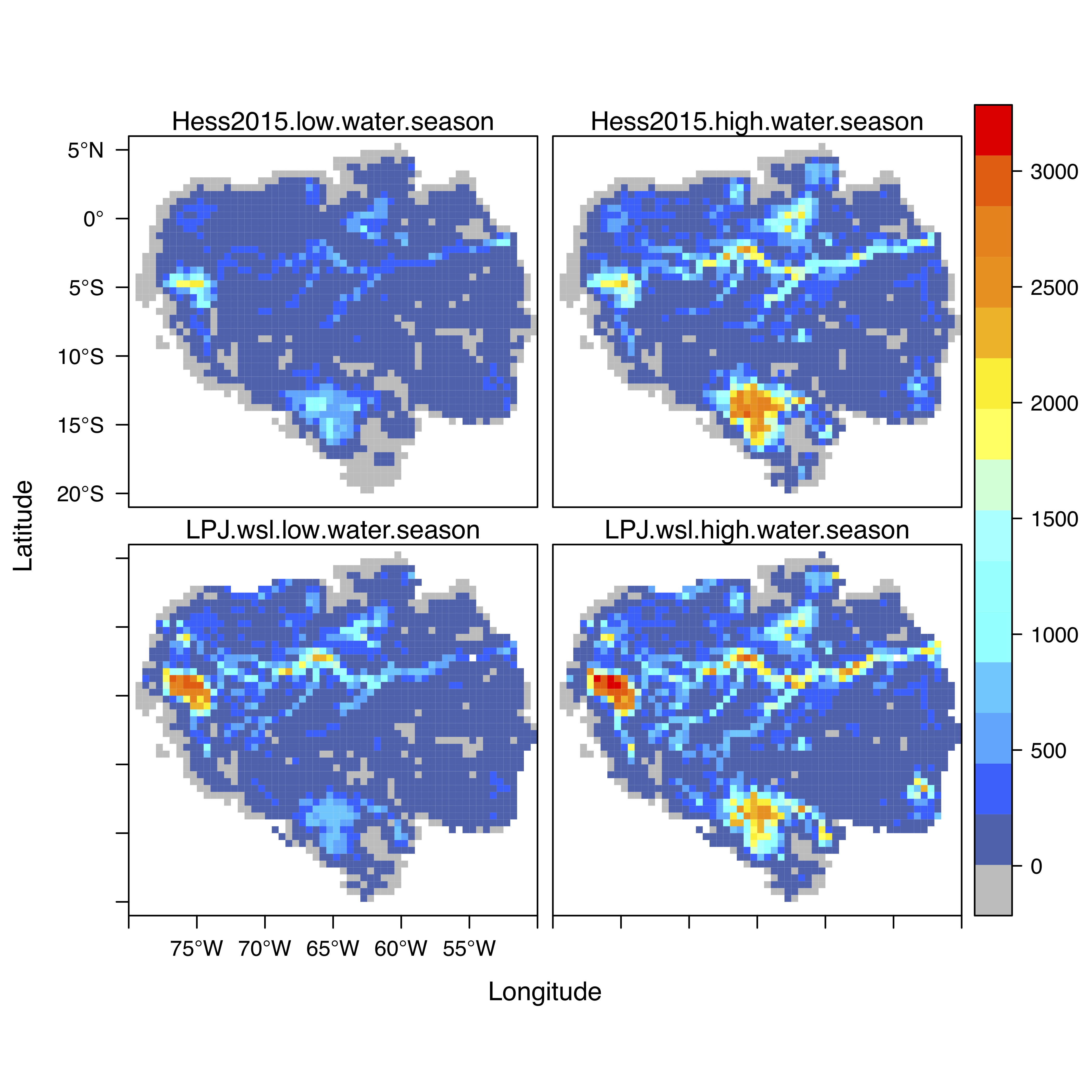 Seasonal inundation simulated by LPJ-wsl in comparison with satellite JERS-1 (Hess et al., 2015) for Amazon regions.